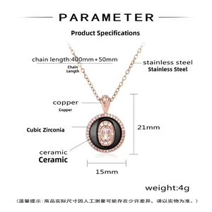 Detail of rose gold necklace featuring a black ceramic ring with sparkling zircons