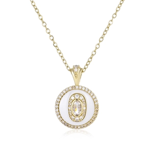 Elegant gold necklace featuring a round white enamel pendant with a central oval gemstone
