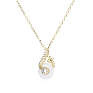 Elegant gold snail necklace pendant with white inlay and sparkling crystal accents