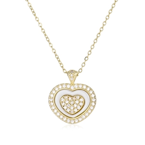Elegant gold double heart necklace with sparkling diamonds and white shell pendant