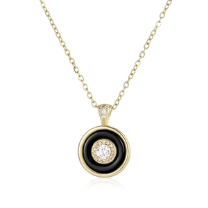 Elegant gold necklace with circular diamond pendant and black enamel halo on white background
