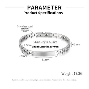 Détails du bracelet homme en acier inoxydable de 17,3g avec dimensions et plaque