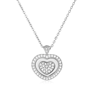 Detail of silver heart pendant necklace featuring sparkling double layered pave diamonds