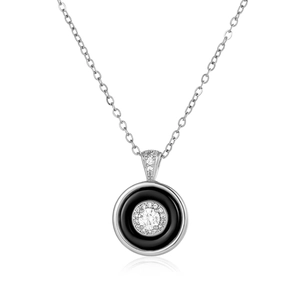 Detail view of round sparkling pendant necklace with black enamel and halo diamond setting