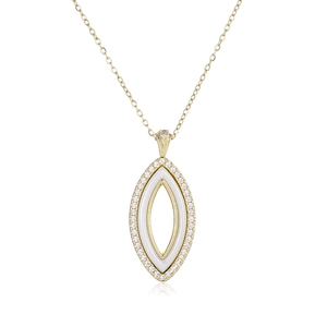 Collier minimaliste en or avec pendentif œil en céramique blanche et zircons incrustés