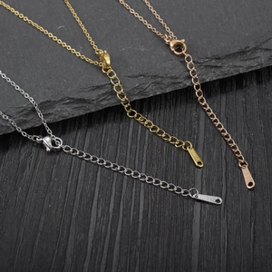 Detail of stainless steel necklaces with lobster clasp, extender chain and metal logo tag
