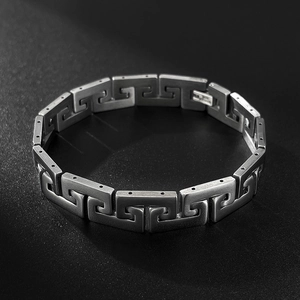 Men's retro stainless steel chain bracelet with Greek meander pattern in matte silver