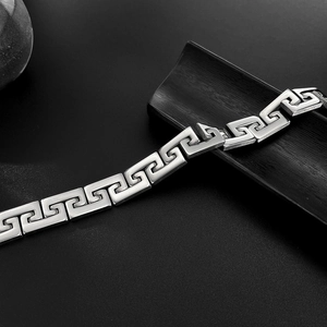 Polished stainless steel men's bracelet with classic Greek Key geometric design