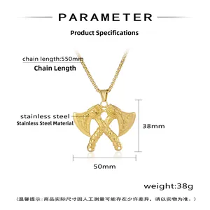 Detailed view of gold double axe pendant with 550mm chain and product dimensions