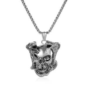 Vintage stainless steel skull pendant with double snakes on a box chain for men
