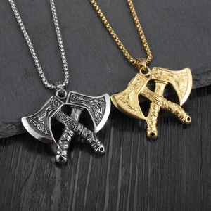 Vintage double axe pendant necklace with eagle engraving for men in punk viking style
