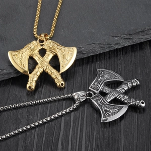 Punk style double axe pendant necklaces in gold and silver with eagle relief on box chain