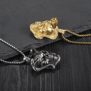 Punk style snake skull pendants in gold and gun black finish with durable box chain