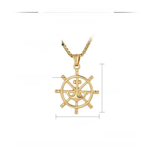 Detailed specs of golden nautical helm anchor pendant in stainless steel with measurements