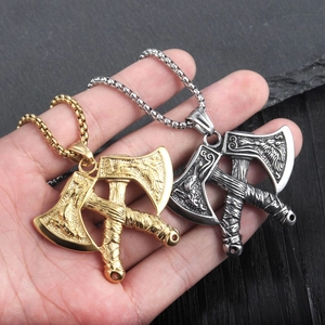 Viking double axe pendant necklace with wolf engraving in gold and silver steel finish