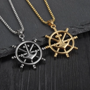 Nautical titanium steel ship helm and anchor pendant necklaces in gold and silver