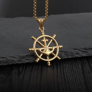 Golden titanium steel nautical helm and anchor pendant necklace with a sleek box chain
