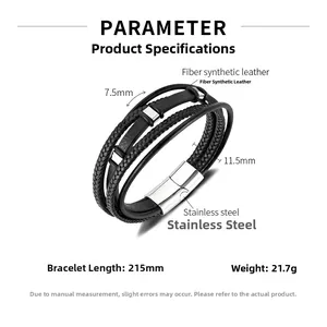 Multi-layer woven leather bracelet for men with stainless steel magnetic buckle details