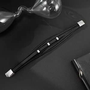 Men's multilayer black braided leather bracelet with silver stainless steel clasp