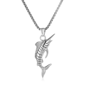 Polished stainless steel marlin fish pendant necklace with durable box chain for men