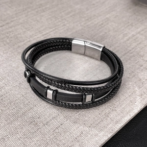 Men's multilayer braided black leather bracelet with silver stainless steel magnetic clasp