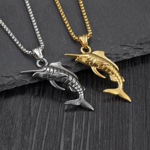 Hip hop style stainless steel marlin fish pendant necklaces in silver and gold finishes