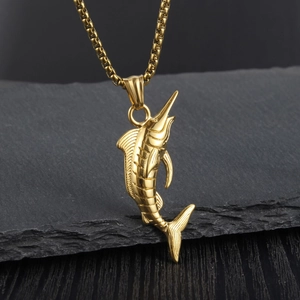 Polished gold stainless steel marlin fish pendant necklace for men with hip hop style