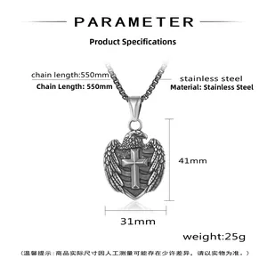 Detail view of vintage stainless steel cross eagle pendant with size specifications
