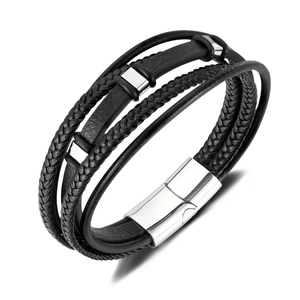 Men's Multi-Layer Braided Leather Bracelet With Polished Stainless Steel Magnetic Clasp Fashion Punk Jewelry For Men Black Silver