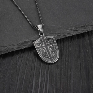 Vintage U-shaped shield pendant necklace with cross and scroll engraving for men