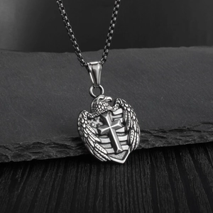 Retro stainless steel cross necklace with eagle shield pendant on a metal chain