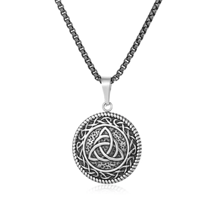 Vintage Stainless Steel Celtic Knot Pendant Necklace For Men Viking Triquetra Circular Medallion Woven Border Box Chain Jewelry