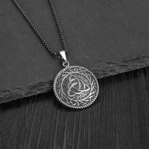 Retro Viking Triquetra pendant on square pearl chain with antique silver metal finish
