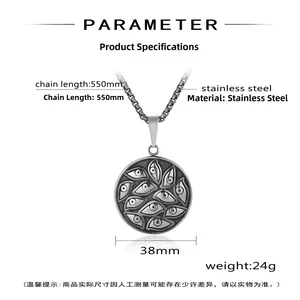 Macro shot of silver-tone stainless steel evil eye pendant with 550mm chain length details