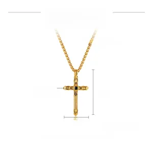 Detailed dimensions of a vintage stainless steel cross pendant with black square stone