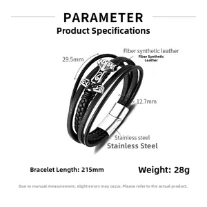 Detail of Thor's hammer charm on multilayer leather bracelet with dimension specs