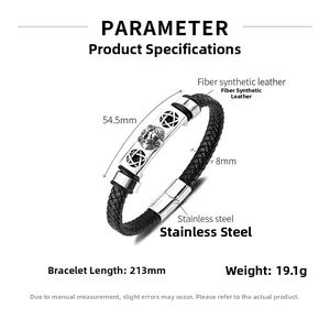 Détail du bracelet en cuir pour homme avec plaque lion en acier inoxydable et dimensions