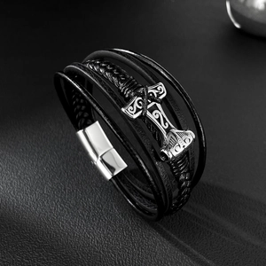 Men's multilayer braided leather bracelet with silver Thor's Hammer viking pendant charm