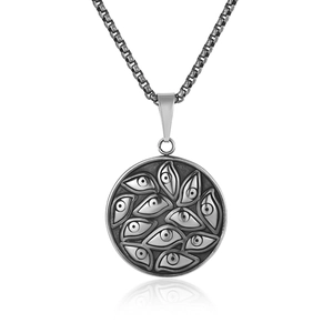 Retro Stainless Steel Round Evil Eye Pendant Necklace Gothic Distressed Finish Hip Hop Jewelry For Unisex Necklaces