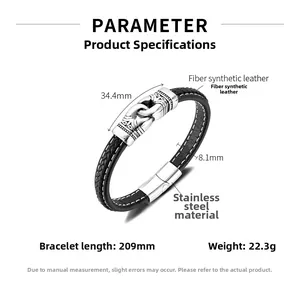 Vue détaillée du bracelet en cuir tressé avec fermoir en acier et spécifications