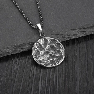 Hip hop vintage stainless steel round necklace featuring a mystic devil eye relief pendant