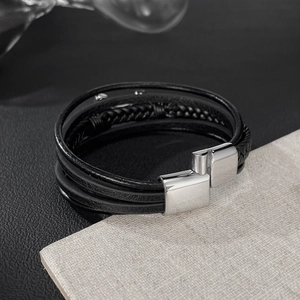 Men's multilayer braided black leather bracelet with a silver stainless steel magnetic clasp