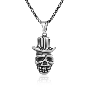 Collier Pendentif Crâne en Acier Inoxydable Rétro Punk Avec Haut-de-forme Gothique Hip Hop Bijoux Hommes Femmes Finition Argent Poli