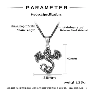 Paramètres de taille détaillés pour le pendentif dragon et la chaîne en acier
