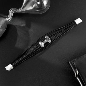 Men's multilayer black braided leather bracelet with silver Thor's hammer charm and magnetic clasp