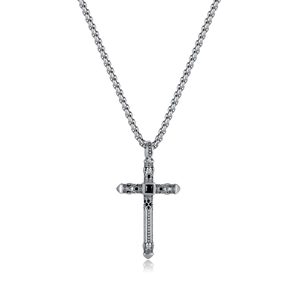 Gothic cross necklace in silver finish with skull details and a square black gemstone