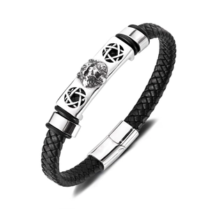 Bracelet en Cuir Tressé Personnalisé pour Homme Avec Tête de Lion en Acier Inoxydable Motif Étoile Bijoux Punk Hip Hop