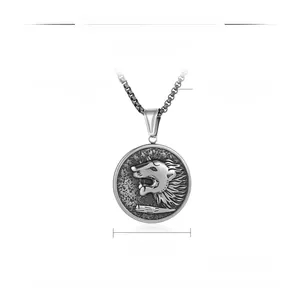 Macro shot of stainless steel lion head pendant with dimensions and product specifications