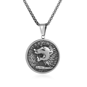 Hip Hop Retro Lion Head Round Pendant Necklace For Men Stainless Steel Antiqued Silver Animal Relief Jewelry Gift