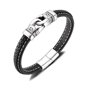 Bracelet Homme en Cuir Tressé Vintage avec Fermoir Magnétique en Acier Inoxydable Style Punk Bracelet Tissé Noir Bijoux de Mode Cadeau